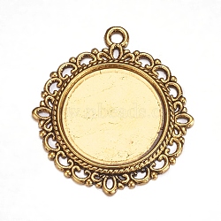 Zinc Alloy Pendant Settings for Cabochon & Rhinestone, DIY for Jewelry Making, Lead Free & Cadmium Free & Nickel Free, Flat Round, Antique Golden, 33.5x30x1.4mm, Hole: 2mm, Tray: 19mm(X-PALLOY-A15290-AG-FF)