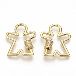 Brass Micro Pave Clear Cubic Zirconia Screw Carabiner Lock Charms, for Necklaces Making, Boy, Real 16K Gold Plated, 31x25.5x2.5mm, Screw Clasp: 7.5x6.5mm(ZIRC-S066-001)