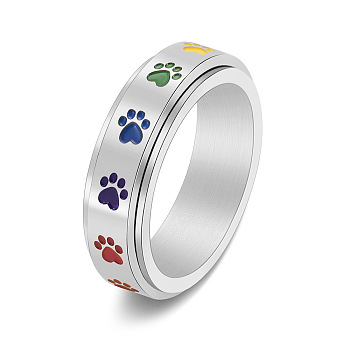 Rainbow Color Pride Flag Enamel Dog Paw Print Rotating Ring, Stainless Steel Fidge Spinner Ring for Stress Anxiety Relief, Stainless Steel Color, US Size 9(18.9mm)