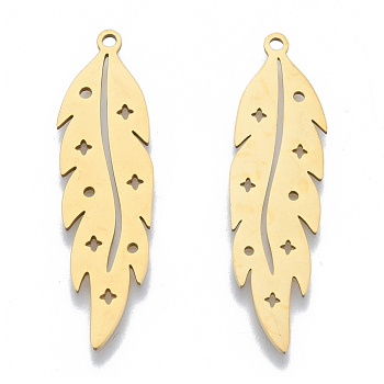 201 Stainless Steel Pendants, Leaf Charm with Star, Real 18K Gold Plated, 38x10x1mm, Hole: 1.5mm