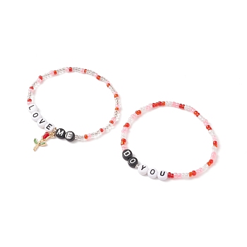 2Pcs 2 Style Word Do You Love Me Plastic Beaded Stretch Bracelets Set with Alloy Enamel Rose Charms, Glass Seed Bracelets for Valentine's Day, Red, Inner Diameter: 2-3/8 inch(6cm), 1Pc/style