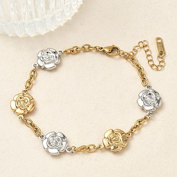 304 Stainless Steel Camellia Link Bracelets, Cable Chain Bracelets for Women, Ion Plating(IP), Long-Lasting Plated, Real Gold Plated & Stainless Steel Color, 7.28 inch(18.5cm)