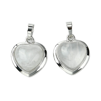 Natural Quartz Crystal Pendants, Rock Crystal Heart Charms with Rack Plating Platinum Plated Brass Findings, Cadmium Free & Lead Free, 23x19.5x8~9mm, Hole: 7x5mm