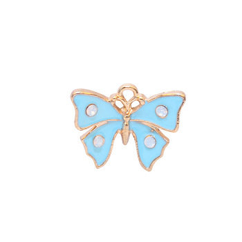 Zinc Alloy Enamel Butterfly Jewelry Pendant, with Crystal AB Resin Rhinestone, Light Gold, Light Sky Blue, 12x16mm, Hole: 3mm