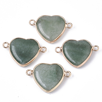 Natural Green Aventurine Links, with Light Gold Plated Edge Brass Loops, Flat Round, Faceted, 19.5x28.5x6mm, Hole: 2mm
