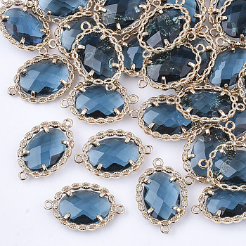 Transparent Glass Links connectors, with Brass Findings, Faceted, Oval, Light Gold, Steel Blue, 21.5x14x5mm, Hole: 1.2mm