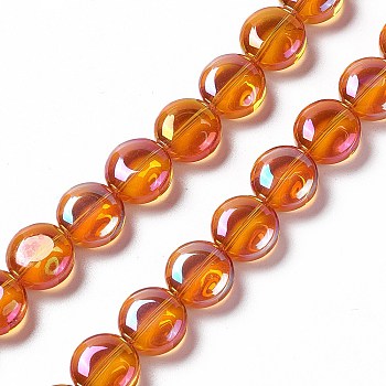 Electroplate Glass Beads Strands, Full Rainbow Plated, Flat Round, Orange, 12~12.5x6.5mm, Hole: 1mm, about 50pcs/strand, 23.62 inch(60cm)