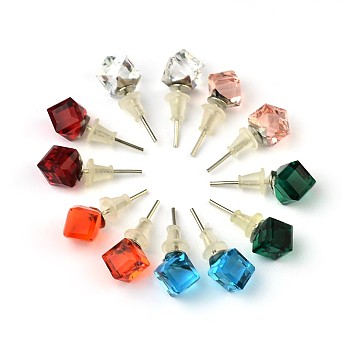 Shiny Glass Rhinestone Stud Earrings, with Platinum Brass Ear Stud Components, Mixed Color, 9x7mm, Pin: 0.7mm
