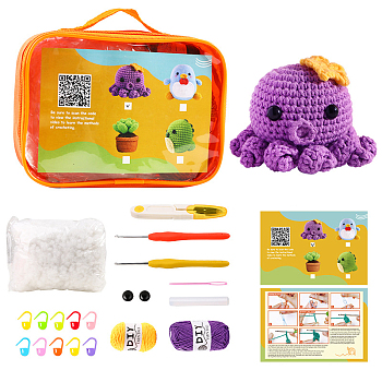 DIY Octopus Knitting Kits, including Polyester Yarn, Fiberfill, Crochet Needle, Yarn Needle, Support Wire, Stitch Marker, Colorful, 130x180x65mm