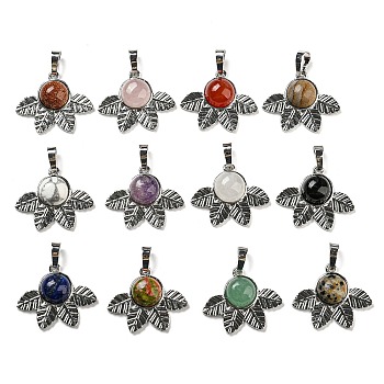 Natural & Synthetic Mixed Gemstone Pendants, Rack Plating Brass Leaf Charms, Platinum, Cadmium Free & Lead Free, Mixed Dyed and Undyed, 22x27x7mm, Hole: 8x5mm