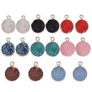 16Pcs 8 Colors Electroplate Druzy Resin Pendants, with Light Gold Iron Findings, Flat Round, Mixed Color, 16~17x12x6~7mm, Hole: 1mm, 2pcs/color
