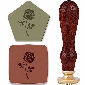 Brass Clay Seal Stamp Set, 1Pc Golden Tone Sealing Stamp Solid Brass Head, with 1Pc Wood Handle, For Unique Imprints on Ceramics and Other Soft Materials, Flower, 75mm, head: 12mm thick, stamps: 25.4mm