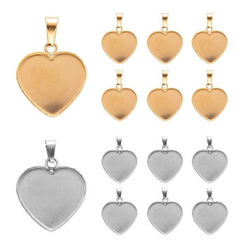 4Pcs 2 Colors 304 Stainless Steel Pendant Cabochon Settings, Heart, Golden & Stainless Steel Color, Tray: 16.5x19mm, 21.5x20x1.5mm, Hole: 2.5x6mm, 2pcs/color
