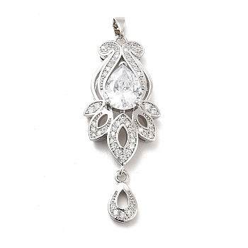 Brass Micro Pave Clear Cubic Zirconia Pendants, with Glass, Flower, Real Platinum Plated, 44x17x7mm, Hole: 5x2.5mm