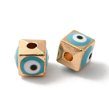 Alloy Enamel Beads, Light Gold, Cube with Evil Eye, Aqua, 5.5x6x6mm, Hole: 1.8mm