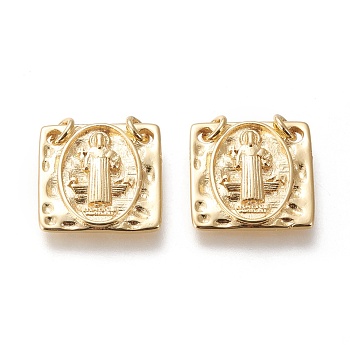 Brass Charms, with Jump Rings, Long-Lasting Plated, Square with Saint, Real 18K Gold Plated, 15x15x2mm, Hole: 2.2mm.