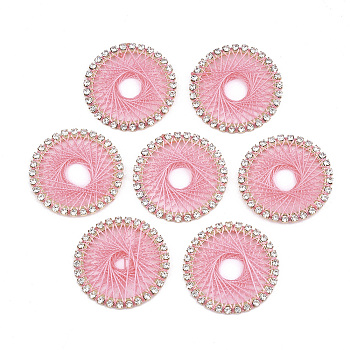 Brass Rhinestone Pendants, with Polyester Thread, Flat Round, Light Gold, Crystal, Hot Pink, 30x2mm