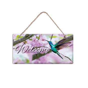 PVC Plastic Hanging Wall Decorations, with Jute Twine, Rectangle with Word Welcome, Colorful, Bird Pattern, 15x30x0.5cm