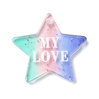Valentine's Day Transparent Acrylic Pendant, with Glitter Powder, Star with Word MY LOVE, Colorful, 22.5x23.5x2mm, Hole: 1.8mm