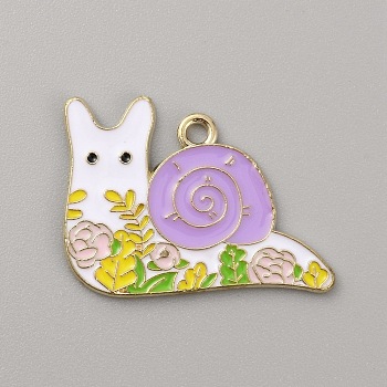 Alloy Enamel Pendants, Light Gold, with Flower Pattern Charm, Snail, 21x28x1.3mm, Hole: 2mm