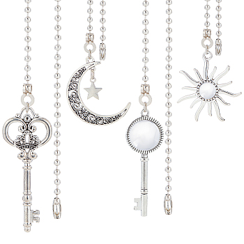 Alloy Ceiling Fan Pull Chain Extenders, with 304 Stainless Steel Ball Chain & Glass Cabochon, Key & Sun & Moon, Antique Silver, 345~387mm, 4pcs/set