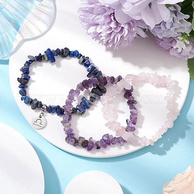 3Pcs 3 Styles Natural Rose Quartz & Amethyst & Lapis Lazuli Chips Stretch Bracelets Sets(BJEW-JB11076-09)-3