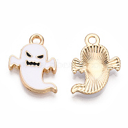 Golden Plated Alloy Enamel Pendants, Ghost, Cadmium Free & Lead Free, White, 17x13x2.5mm, Hole: 2mm(ENAM-T009-94-RS)