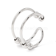 Brass Rotating Beaded Double Line Open Cuff Ring, Ball Rotatable Anti Anxiety Spinner Rings, Platinum, US Size 8 1/2(18.5mm)(RJEW-H102-05P)