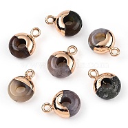 Natural Indian Agate Flat Round/Donut Charms, with Rack Plating Golden Tone Brass Loops, 14x10mm(G-I347-16)