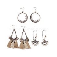 3 Pairs 3 Style Ring & Teardrop & Fan Alloy Dangle Earrnigs with Dalmatian Jasper Chips, Bohemian Big Cotton Drop Earrings with Wood Beads for Women, Red Copper, 50~90mm, 1 Pair/style(EJEW-P200-08R)