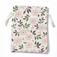 Burlap Packing Pouches Drawstring Bags, Rectangle, Floral White, Flower, 13.5~14x10x0.35cm(ABAG-L016-A01)