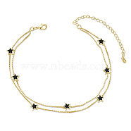 SHEGRACE Brass Multi-Strand Anklets, with Epoxy Resin and Box Chains, Star, Black, Real 24K Gold Plated, 8-1/4 inch(21cm)(JA174F)
