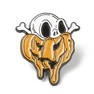 Alloy Enamel Brooches, Enamel Pin, for Halloween, with Rubber Clutches, Skull with Pumpkin, Orange, Electrophoresis Black, 30x26x10.5mm, Pin: 1.2mm.(JEWB-G009-02B)