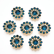 Rhinestone Buttons, with Golden Tone Iron Findings, Flower, Aquamarine, 14x5mm(RB-YWC0001-01A)