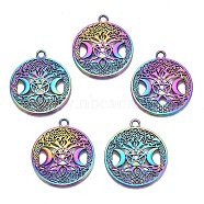 Rainbow Color Alloy Pendants, Cadmium Free & Nickel Free & Lead Free, Flat Round with Moon & Star, 38.5x34x2.5mm, Hole: 3mm, 25pcs/box(FIND-SZ0009-11)