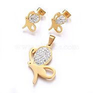 (Jewelry Parties Factory Sale), 304 Stainless Steel Jewelry Sets, Pendants and Stud Earrings, with Polymer Clay Rhinestone, Butterfly, Crystal, Golden, 26.5x18.5x3.5mm, Hole: 6x4mm, 15x10x2mm, Pin: 0.8mm(SJEW-H147-61G)