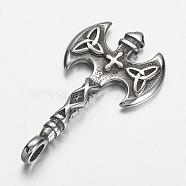 304 Stainless Steel Pendants, Axe, Antique Silver, 44x23.5x3.5mm, Hole: 4mm(STAS-E133-008AS)