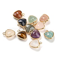 Natural & Synthetic Mixed Gemstone Faceted Heart Charms, with Golden Tone Brass Edge, 13.5x11x5mm, Hole: 1.6mm(G-Q006-07G)