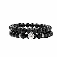 2Pcs 2 Style Natural Obsidian Stretch Bracelets Set, Stackable Bracelets with Heart Charms, Round(LS3825-3)