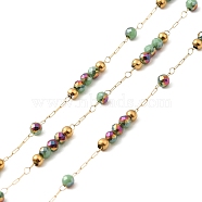 Brass Handmade Beaded Chains, with Glass Beads, with Spool, Unwelded, Real 18K Gold Plated, Dark Sea Green, 9~9.5x2x2mm, about 32.81 Feet(10m)/Roll(CHC-P011-A01-G)