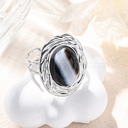 Oval Natural Banded Agate Finger Rings, 304 Stainless Steel Cuff Rings for Women, Stainless Steel Color, oval: 22x17.5mm, Adjustable(RJEW-M063-01P-18)