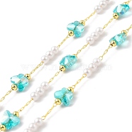 Handmade Eco-friendly Brass Cable Chain, with Glass & CCB Butterfly & Imitation Pearl Beaded, Long-Lasting Plated, Golden, Soldered, with Spool, Deep Sky Blue, 6x8x2mm(CHC-E023-21G-01)