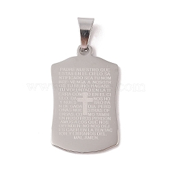 304 Stainless Steel Pendants, Rectangle with Message & Cross Charm, Religion, Stainless Steel Color, 33.5x20.5x1.5mm, Hole: 7.5x4.5mm(STAS-M068-08P)