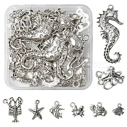 48Pcs 8 Style Marine Animal Theme Tibetan Style Alloy Pendants, Cadmium Free & Lead Free, Mixed Shape, Antique Silver, 10.5~63x9.5~27.5x2~4mm, 6pcs/style(FIND-FS0001-53)