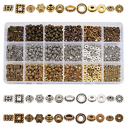 PandaHall Elite 900Pcs 18 Styles Tibetan Style Alloy Spacer Beads, Lead Free & Cadmium Free, Rondelle & Flat Round & Donut, Mixed Shapes, Mixed Color, 5~8x2~6.5mm, Hole: 1~4mm, 50pcs/style(TIBEB-PH0005-13)