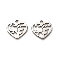 Valentine's Day 316 Surgical Stainless Steel Charms, Laser Cut, Heart Charm, Stainless Steel Color, Leaf, 12x13x1mm, Hole: 1.6mm(STAS-H190-15P-05)