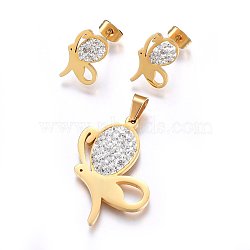 304 Stainless Steel Jewelry Sets, Pendants and Stud Earrings, with Polymer Clay Rhinestone, Butterfly, Crystal, Golden, 26.5x18.5x3.5mm, Hole: 6x4mm, 15x10x2mm, Pin: 0.8mm(SJEW-H147-61G)
