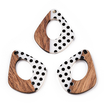 Printed Opaque Resin & Walnut Wood Pendants, Hollow Kite Charm with Polka Dot Pattern, White, 32.5x27.5x3.5mm, Hole: 2mm