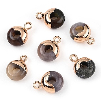 Natural Indian Agate Flat Round/Donut Charms, with Rack Plating Golden Tone Brass Loops, 14x10mm