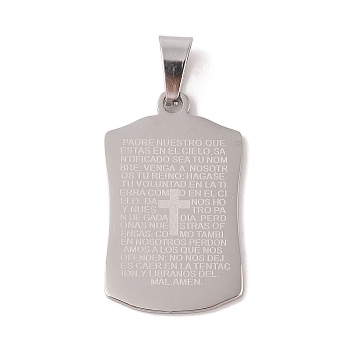 304 Stainless Steel Pendants, Rectangle with Message & Cross Charm, Religion, Stainless Steel Color, 33.5x20.5x1.5mm, Hole: 7.5x4.5mm